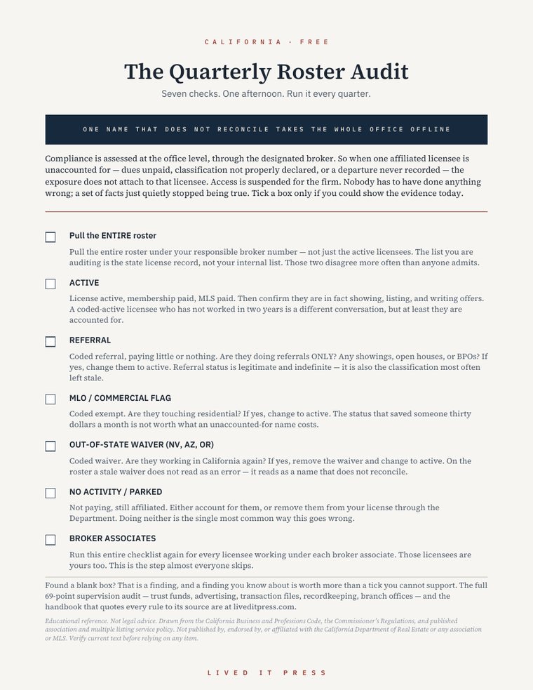 Page one of the Quarterly Roster Audit checklist